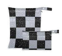 Amooorous Finti glitter a scacchiera quadrati bianchi neri riutilizzabili per costumi da bagno, confezione da 2 borse per pannolini oggetti essenziali con manici per il bagno, la piscina