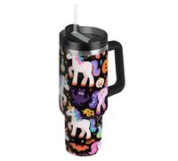 Amooorous Halloween zucca gialla unicorni vuoto bocca larga isolato bicchiere con coperchio in paglia, tazza da caffè decorativa da viaggio con manico per scuola, sport, asilo nido, campeggio e altro