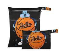 Amooorous Hello Cartoon Cute Orange Basketball borsa da bagno bagnata con cerniera 2 Pack essenziale da viaggio per bambini con manici per viaggi e viaggi