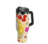 Amooorous I Miss You - Tazza da tè a forma di gatto bianco con apertura larga, in acciaio inox, con coperchio a prova di perdite e cannuccia, decorativa, da viaggio, per scuola, sport, asilo nido