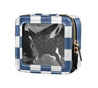 Amooorous Mini trousse da trucco trasparente con motivo scozzese americano bianco e blu per articoli da toeletta e smalti per unghie da donna, Plaid americano bianco e blu, 1 size