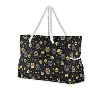 Amooorous Nero e Oro Carino Cartoon Dog Paws Borse da viaggio portatili per le donne con tasche laterali Sport Weekender con portabicchieri sul lato, Zampe di cane carine nere e dorate, 1 size