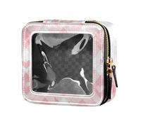 Amooorous Peach Cute Heart Plaid Clear Mini Trousse Trucco Trousse con Cerniera Viaggio Cosmetici Caso per le Donne, Plaid Carino Cuore Pesca, 1 size