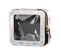 Amooorous Piccola borsa trasparente per trucchi in pelle color pesca con orso dei cartoni animati, mini contenitori per il trucco da viaggio, Pesca blu carino cartone animato orso negozio di dessert,