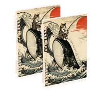 Amooorous Quaderno a spirale formato A5 con onde oceaniche giapponesi e gatti, balena, 21,1 x 14,5 cm, a righe, 60 fogli, per pianificatori e affari, confezione da 2