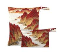 Amooorous Red Gold Chinese Landscape impermeabile bambino sacchetto bagnato 2 Pack sacchetto bagnato per costume da bagno con maniglie per il bagno, pannolini per bambini