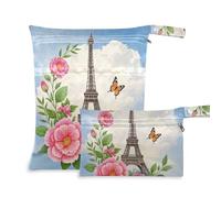 Amooorous Romantico Parigino Torre di Ferro con Fiori Blu Riutilizzabile Gym Clothes Bag 2 Pack Travel Essentials per volare con maniglie per il bagno, yoga