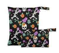 Amooorous Sacchetti impermeabili da viaggio con scheletro di fiori neri, confezione da 2, essenziali da viaggio per bambini, con manici per fare il bagno, la spiaggia