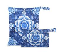 Amooorous Sacchetti per costume da bagno riutilizzabili blu antico cinese floreale antico 3D 2 Pack sacchetto bagnato per costume da bagno con manici per palestra, piscina