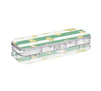 Amooorous Scatola di plastica a righe bianche verdi e bianche con foglie di ginkgo biloba trasparenti a doppio piano per forniture di cancelleria con scatto e coperchio