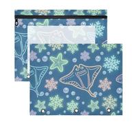 Amooorous Scatola portamatite portatile a 3 fori per lettere A4, confezione da 2 pezzi, per studenti, studenti, insegnanti, oceano, animale, stella marina, fiocco di neve, blu