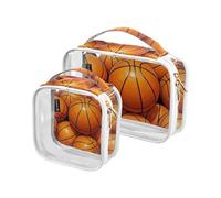 Amooorous Set di 2 astucci da bagno decorativi trasparenti con motivo cartone animato e basket, approvati dalla TSA, basket sportivo da disegno, 1 misura, Pallacanestro Sportivo Disegno, 1 size