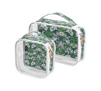 Amooorous Set di 2 astucci da toilette alla moda vintage con motivo floreale verde bianco trasparente decorativo approvato dalla TSA piccola borsa da trucco portatile Bolsa de Makeup, Moda Vintage