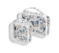 Amooorous Set di 2 astucci per WC da viaggio trasparenti approvati dalla TSA riutilizzabili e conformi alle norme delle compagnie aeree, blu navy, ramo di farfalla blu blu, Ramo di Farfalla Blu Navy,