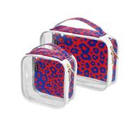 Amooorous Set di 2 astucci per WC decorativi trasparenti da appendere con stampa leopardata blu e rosso, approvati dalla TSA, resistenti all'acqua, conformi alle norme aziendali, Stampa leopardata blu