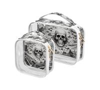 Amooorous Set di 2 grandi astucci da bagno decorativi vintage grigi, trasparenti approvati dalla TSA, resistenti all'acqua, per borsa a mano, conformi agli standard aeroportuali e, Cranio da guerra