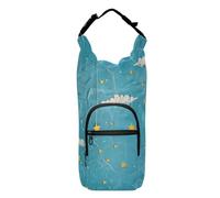 Amooorous Sfondo in pelle bovina blu con alcune nuvole bianche e stelle gialle galleggianti sopra e un coniglio bianco sotto le imbracature per bottiglie d'acqua Borsa per bottiglia d'acqua isolata