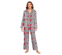 Amooorous Stripe Simple Line Art Cuore San Valentino Rosso Donne Raso Pigiama Set Morbido Manica Lunga Piuma Polsino Carino Delle Donne Pigiama Set Lungo Nightwear M bata para dormir de Mujer Manica