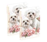 Amooorous Taccuino formato A5 con simpatici cani maltesi bianchi e rosa con rose larghe 21,1 x 14,5 cm, soggetto robusto, a spirale, 60 fogli per viaggi e scrittura, confezione da 2