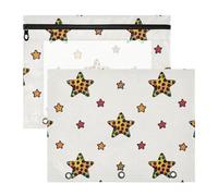 Amooorous Trousse per cosmetici, portatile, portapenne, per raccoglitori a 3 anelli, confezione da 2 pezzi, per insegnanti, università, stampa leopardata, stelle, bianco