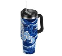 Amooorous Ukiyo-e - Borraccia termica giapponese a forma di onda blu, con cannuccia, resistente alle perdite, decorativa, da viaggio, per casa, ufficio o auto, 1,1 l