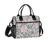 Amooorous Vintage Cinese Floreale Peonia Grigio Pesca Lunch Box per gli Uomini Regolabile Uomini Borse Pranzo con Tracolla Scatole Pranzo per Scuola Adolescenti Campeggio