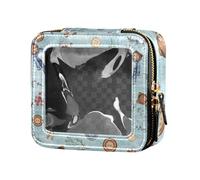 Amooorous Vintage Light Blue Button Flower Mini Clear Makeup Bag Clear Borse da viaggio per articoli da toeletta Borsa cosmetica in pelle per volare, Fiore pulsante azzurro vintage, 1 size