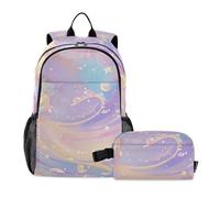 Amooorous Zaini per ragazzi con bolle di stelle viola pesca con lunchbox zaino scuola ragazzo con contenitore per il pranzo con portapranzo per ragazze 7-10, Bolle Stelle Viola Pesca