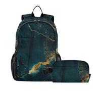 Amooorous Zaino blu navy con texture marmo oro con scatola per il pranzo per ragazzi ragazzo zaino scuola con scatola per il pranzo borsa libro per ragazzi 9-10 anni, Texture Marmo Oro Blu Navy