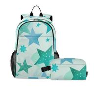 Amooorous Zaino con stelle verde menta e blu con portapranzo per ragazzi ragazzi zaino scuola con scatola per il pranzo borse scuola ragazzi età 8-10 anni, Stelle Verde Menta e Blu