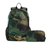 Amooorous Zaino per la scuola in stile marmorizzato verde smeraldo oro nero con borsa per il pranzo zaino per ragazzi con contenitore per il pranzo con portapranzo per ragazze 9-10 anni, Verde