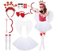 Amor - Set costume da donna con gonna in tulle, ali d'angelo, freccia di Cupido, fiocco e cupido, occhiali a cuore, fascia per il viso, collant, adesivi, romantici, accessori per costumi di Cupido