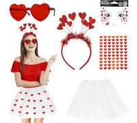 Amor Set di accessori per costumi, 5 pezzi, con occhiali a forma di cuore, tatuaggi a forma di cuore, adesivo per capelli a forma di cuore, gonna in tulle bianco, costume da cupcake, costume da donna