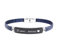 amorili Bracciale Uomo Personalizzato con Incisione Pelle Blu Pitonata e Piastra Acciaio Inox Nera con Zirconi - Braccialetto Elegante con Nome Data Dedica - Idea Regalo Uomo bcc2332