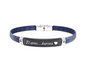 amorili Bracciale Uomo Personalizzato con Incisione Pelle Blu Pitonata e Piastra Acciaio Inox Nera con Zirconi - Braccialetto Elegante con Nome Data Dedica - Idea Regalo Uomo bcc2332