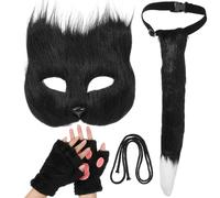 Amosfun 1 Set Maschera di peluche da gatto, Maschera animale di Halloween, Guanti artiglio da gatto, Maschera di carnevale, Maschera per cosplay, Nera