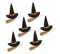 Amosfun Set di 6 cappelli in miniatura scope di paglia ornamenti di Halloween piccole streghe cappello nero decorazioni di Halloween per interni piccolo mini legno
