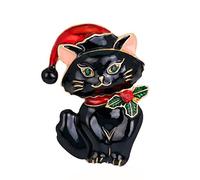 Amosfun Spilla a forma di gatto con cappello di Babbo Natale, spilla natalizia con strass di cristallo, stile vintage, per Natale, calza della Befana, regalo di Natale (bianco), Lega, Nero, 4.3 * 3cm