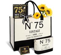 Amosking 75° compleanno regali per donne borsa della spesa in tela attrezzatura da viaggio, regali di 75 anni per moglie mamma amici, vintage N°75 borsa & trousse cosmetica & poster di compleanno