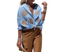 AMOUSD Camicia casual ricamata in cotone e lino, camicia da donna con bottoni stampati, a maniche lunghe, camicetta da ufficio con risvolto, Blu, S