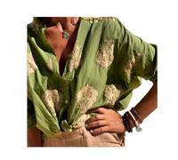 AMOUSD Camicia casual ricamata in cotone e lino, camicia da donna con bottoni stampati, a maniche lunghe, camicetta da ufficio con risvolto, Verde, M