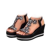 AMOUSDRDR Sandali da donna chic eleganti fiore slip-on fiore, estate aperta punta elastica cinturino alla caviglia strass piattaforma ortopedica Boho scarpe da spiaggia, Nero , 39 EU