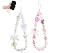 AMOYER 2 Pezzi Cinturino da Polso con Ciondolo per Telefono Graziosa Catena per Telefono con Perline a Forma di Fragola/Fiore Ciondolo Appeso per Zaino con Cordino per Cellulare