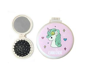 AMOYER Airbag Pieghevole Pettine con Trucco dello Specchio Cavallo Bello Modello dei Massaggio con Spazzola Rotonda Ragazze Specchio della Tasca Pettine Set