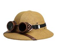 AMOYER Cappello Sole in Paglia con Casco Coloniale per Uomo E, Cappello Sole Estivo con Casco Coloniale, Cappello Minatore della Giungla con Occhiali Rimovibili