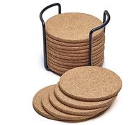 AMOYER Sottobicchieri Sughero Naturale con Rotonda 16pc Set con Supporto del Metallo Bagagli Caddy 1/5 di Pollice di Spessore Assorbente Ecologico Resistente al Calore