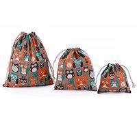 Amoyie 3 pz Sacchetto Coulisse Cotone, Sacca Asilo Tessuto, Piccolo Borsa per giocattoli/vestiti/scarpe, Sacchetti da Viaggio, Set Organizer per Valigia Bambini, Gufo Marrone