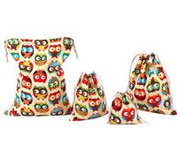 amoyie - Set di 4 pz Sacchi Organizer con coulisse, Tela Borsa per Abiti Giocattoli Accessori da viaggio (4 diverse dimensioni) - Gufo