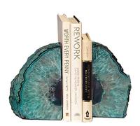 AMOYSTONE Agate Geode Bookends Heavy Duty Stone Book Ends Decorative Bookend Holder Home Office Decor with Rubber Bumpers Teal 1 Pair, 2-3 LBS