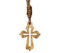 AMPALS, Collana marrone con croce autentico legno di ulivo realizzato a mano in Gerusalemme, scatola di iuta Kraft, battesimo, comunione, cristiano, compleanno, protezione auto, casa, benessere